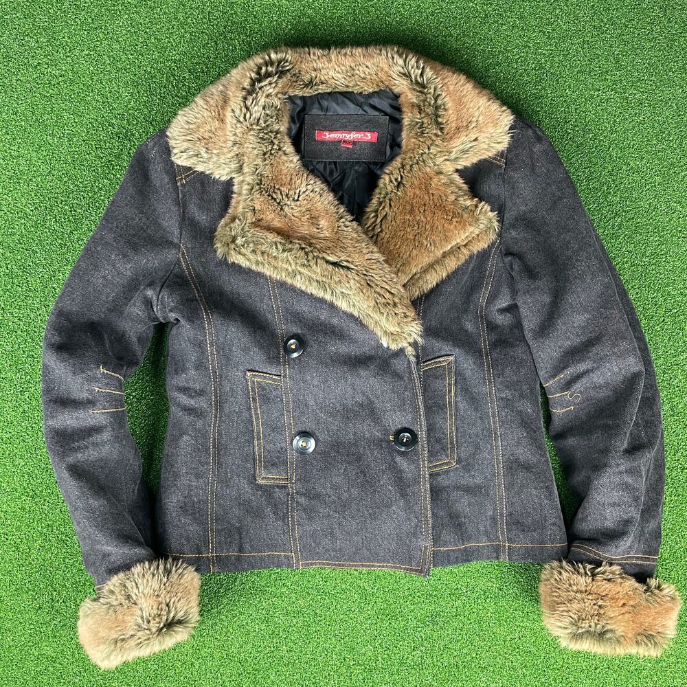 Vintage 90s Y2K Jennyfer J. Gray Wash Denim Faux Fur Lined Insulated Coat Sz L